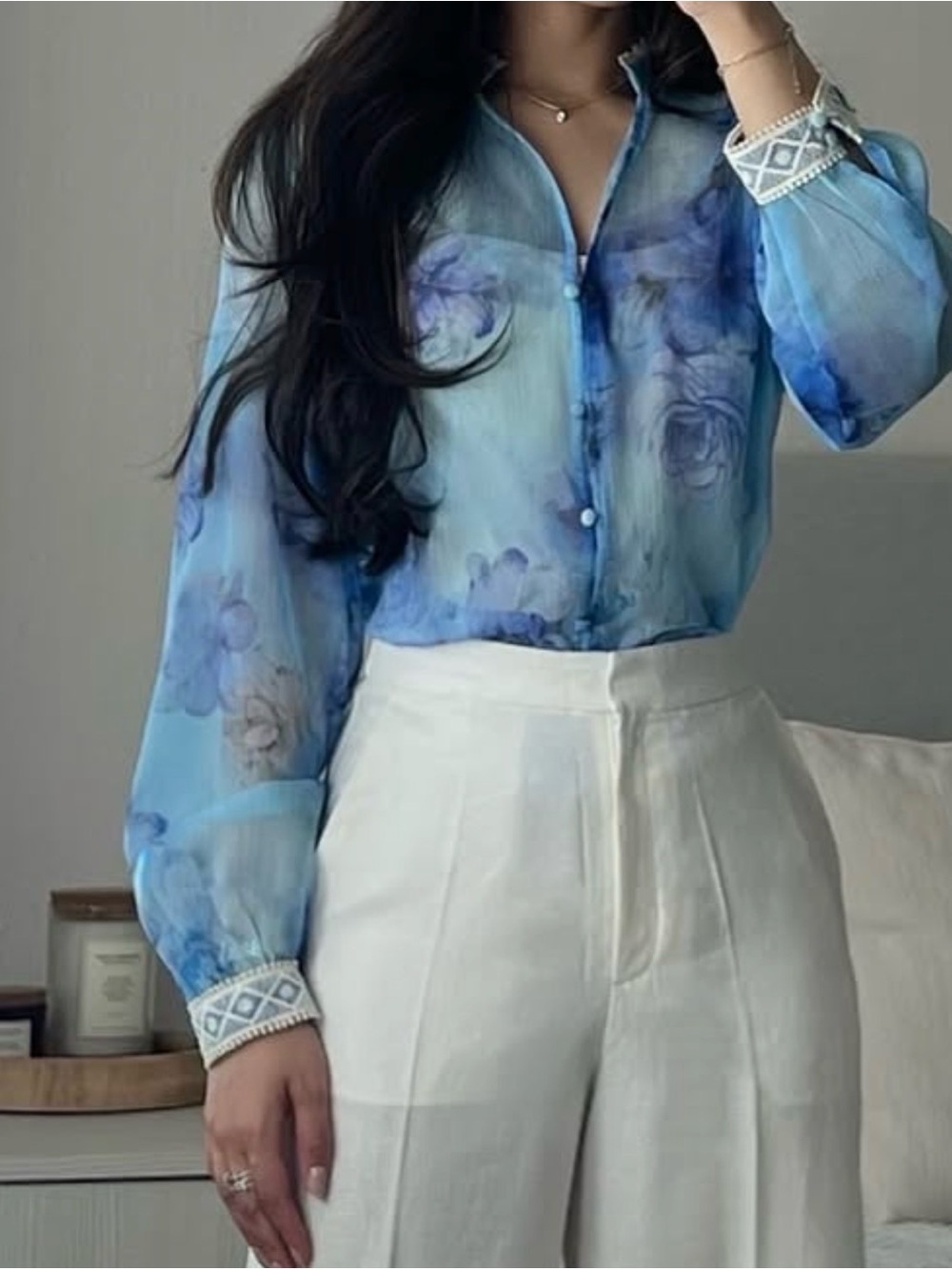 Zara Light Blue Floral Sheer Button-Front Blouse